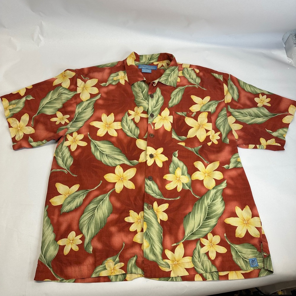 Bermuda Bay Mens XL Silk Hawaiian Shirt Rust Red Plumeria Floral Tropical Aloha